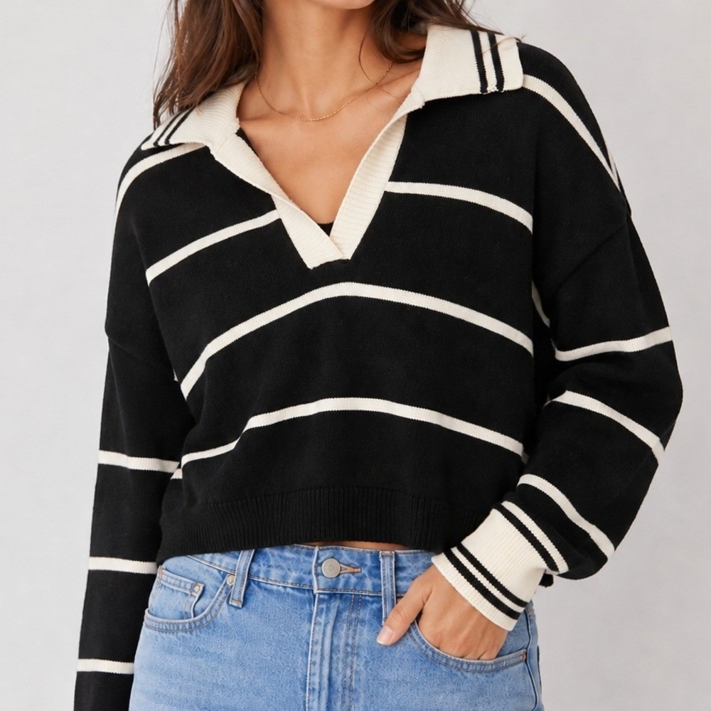 Pink Lily Striped Collared Sweater XS Coastal‎ Preppy Old Money Nautical Knit